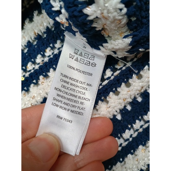 Joie Blue White Stripe Open Knit Sweater Boxy Short Sleeve Medium - Picture 5 of 9